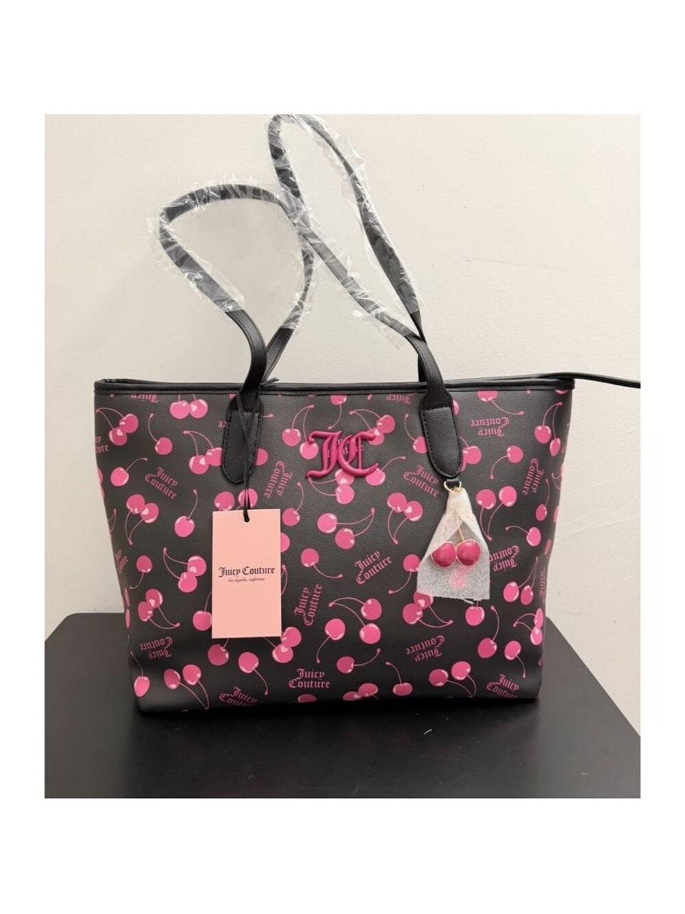 Juicy Couture Black Tote with Pink Cherry Print and Charm